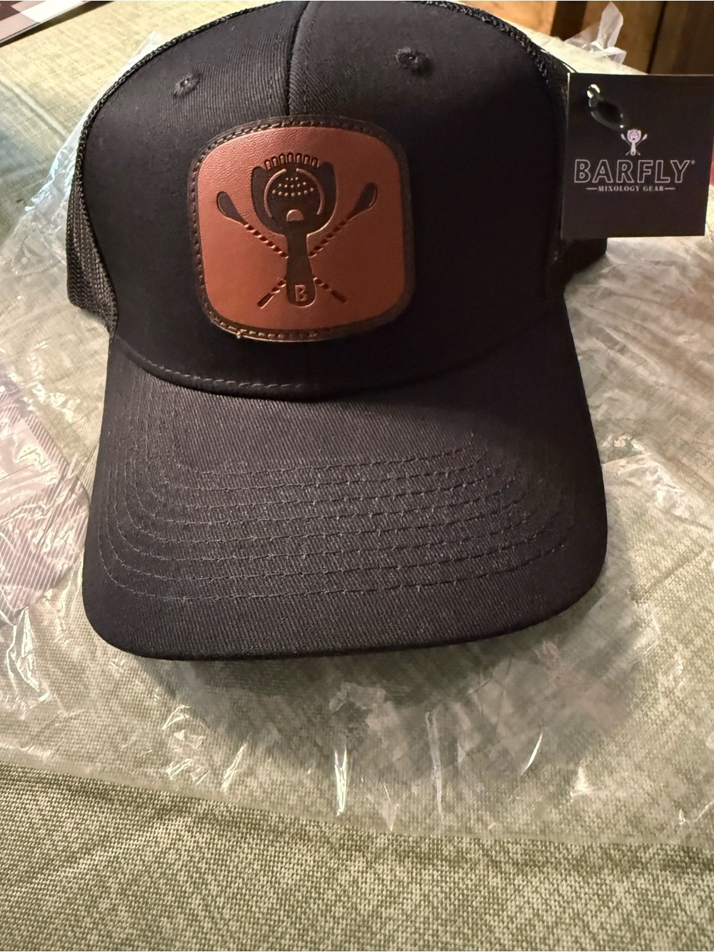 Barfly mesh back Black Trucker Hat with Brown Leather Barfly Patch OS